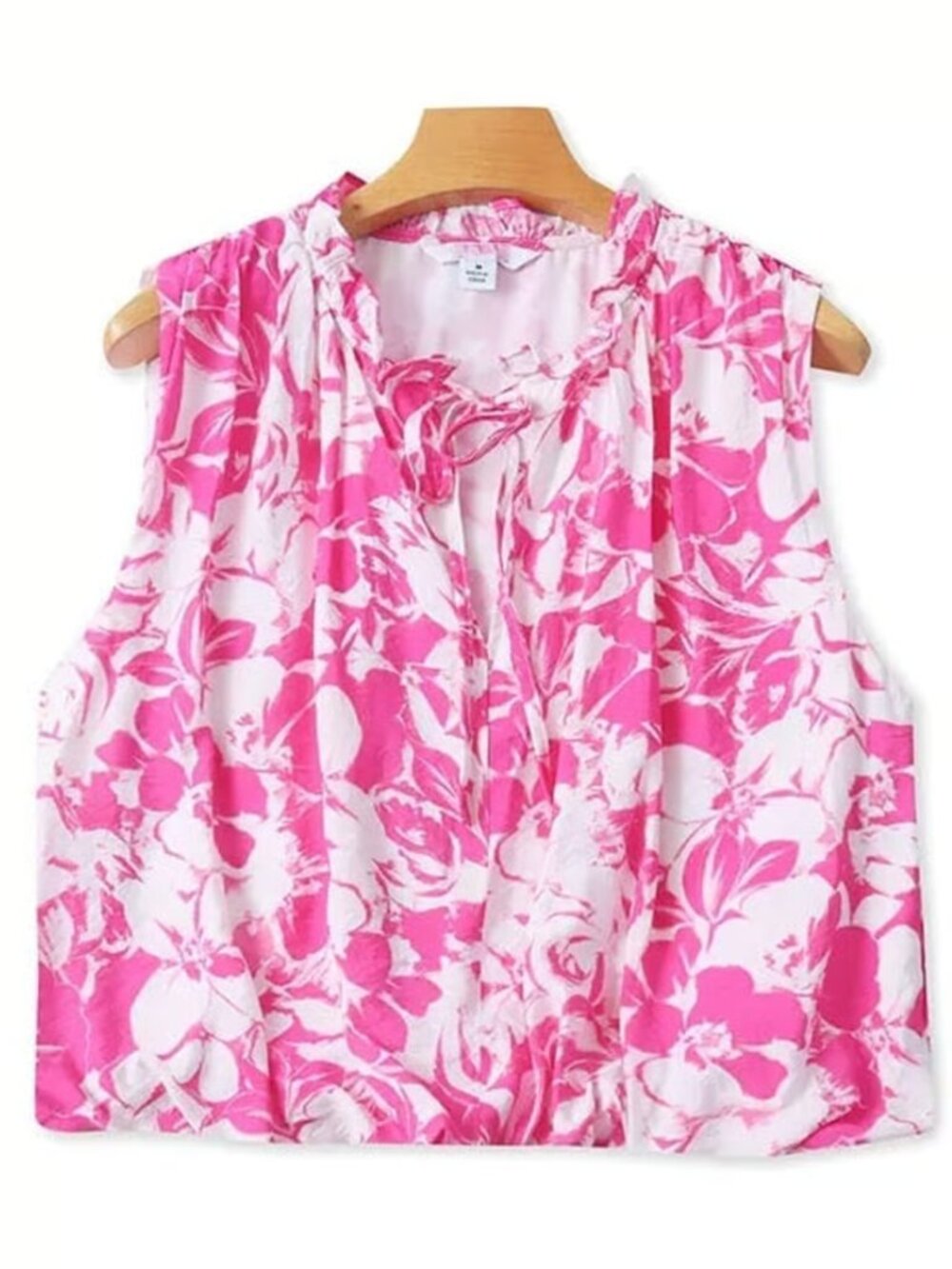 Pink Floral Sleeveless Blouse Ruffle Tie Neck Watercolor top short